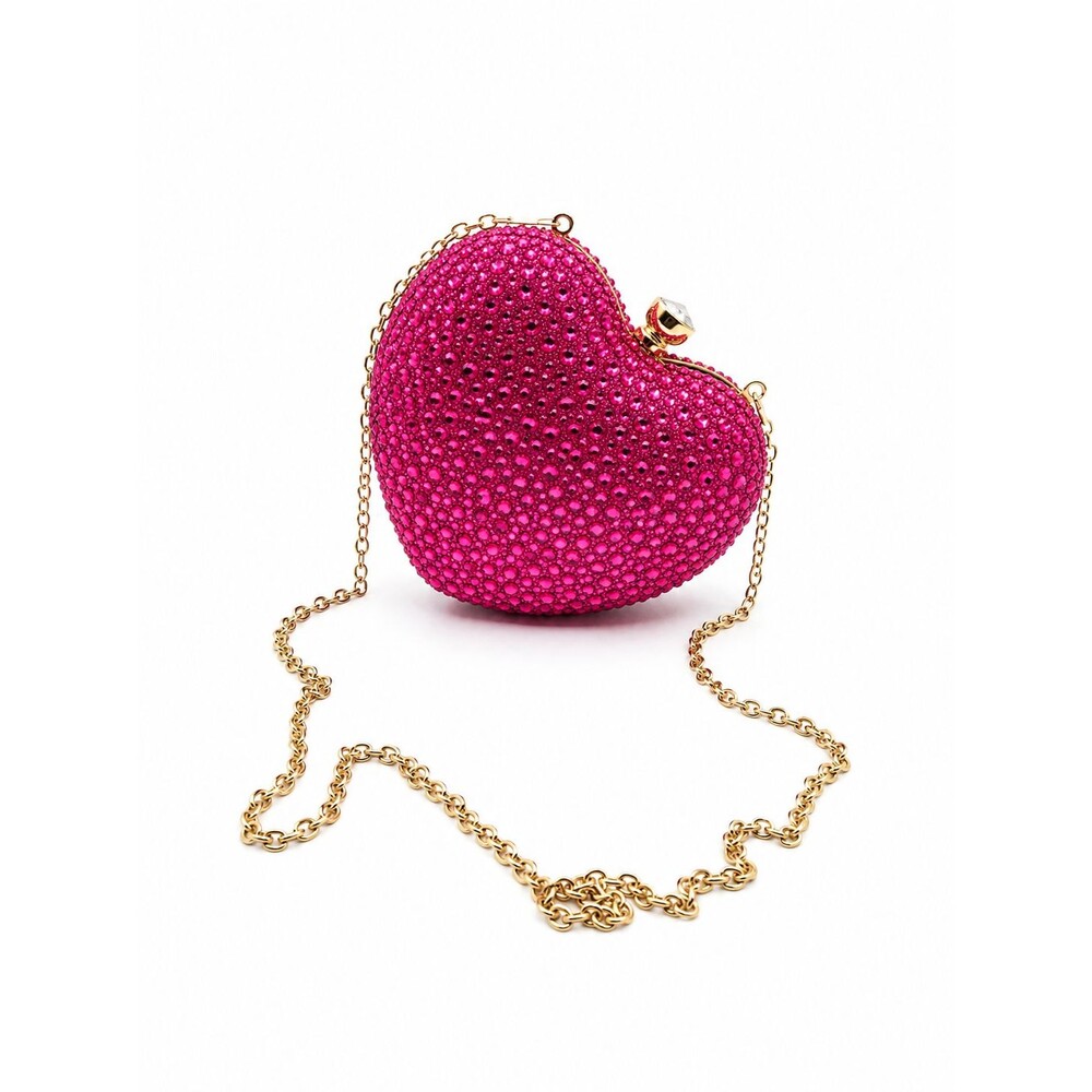 Women's Hot Pink Rhinestone Heart Clutch Bag Formal Evening Cocktail Purse NEW - Picture 2 of 14
